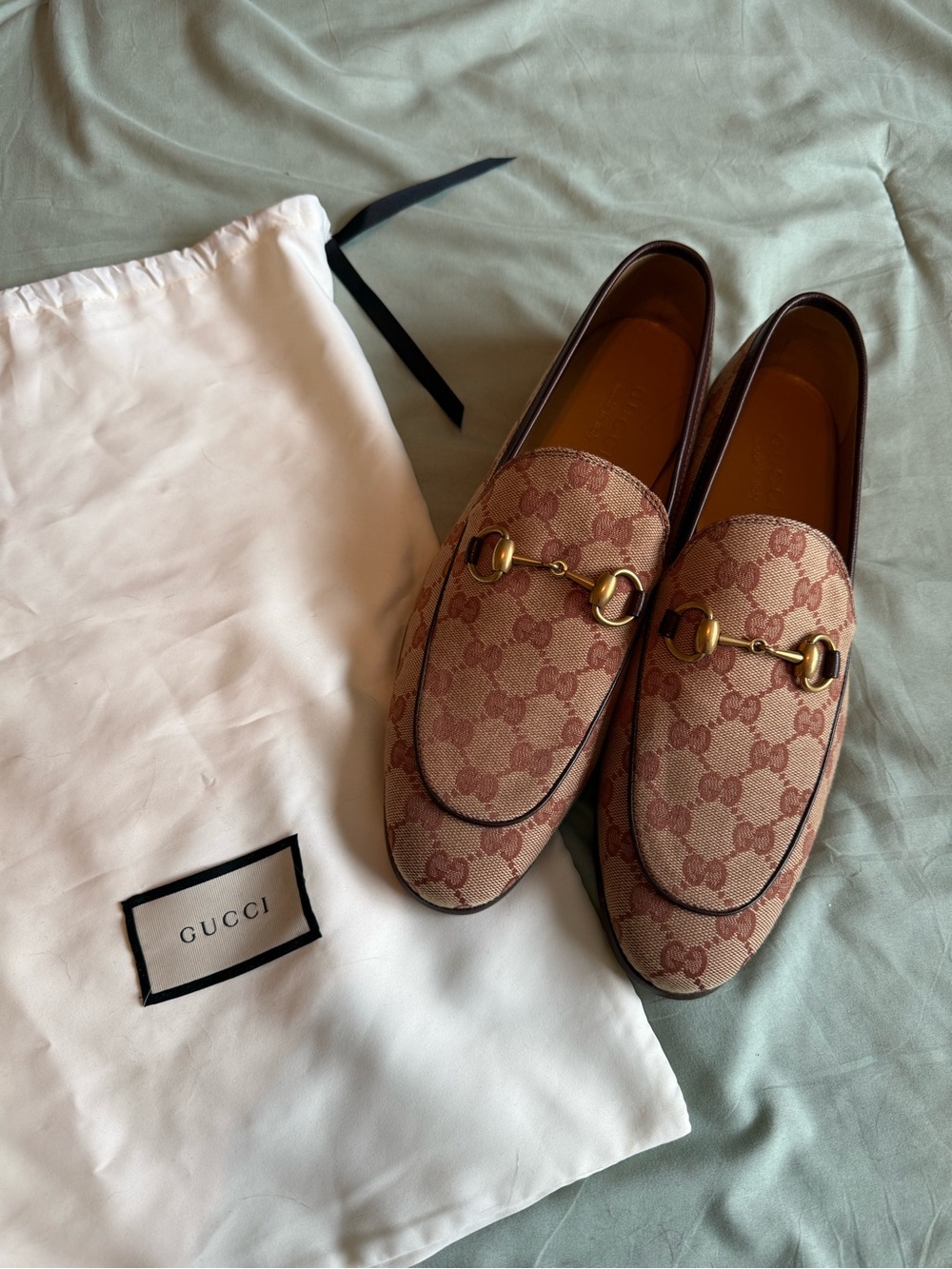 Gucci Beige Pink GG Canvas Horsebit Loafers